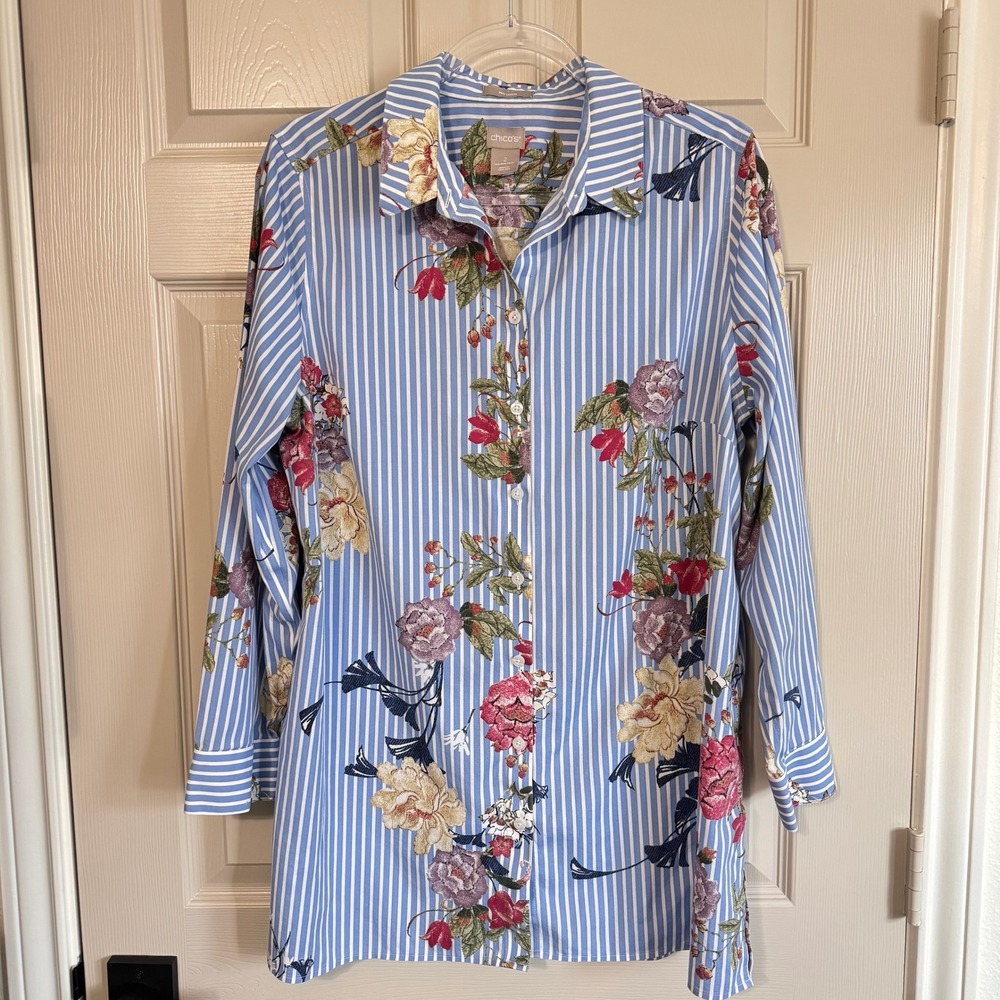 Chicos No Iron Blue White Striped Floral Tunic Shirt Size 2 US 12/14 Classic